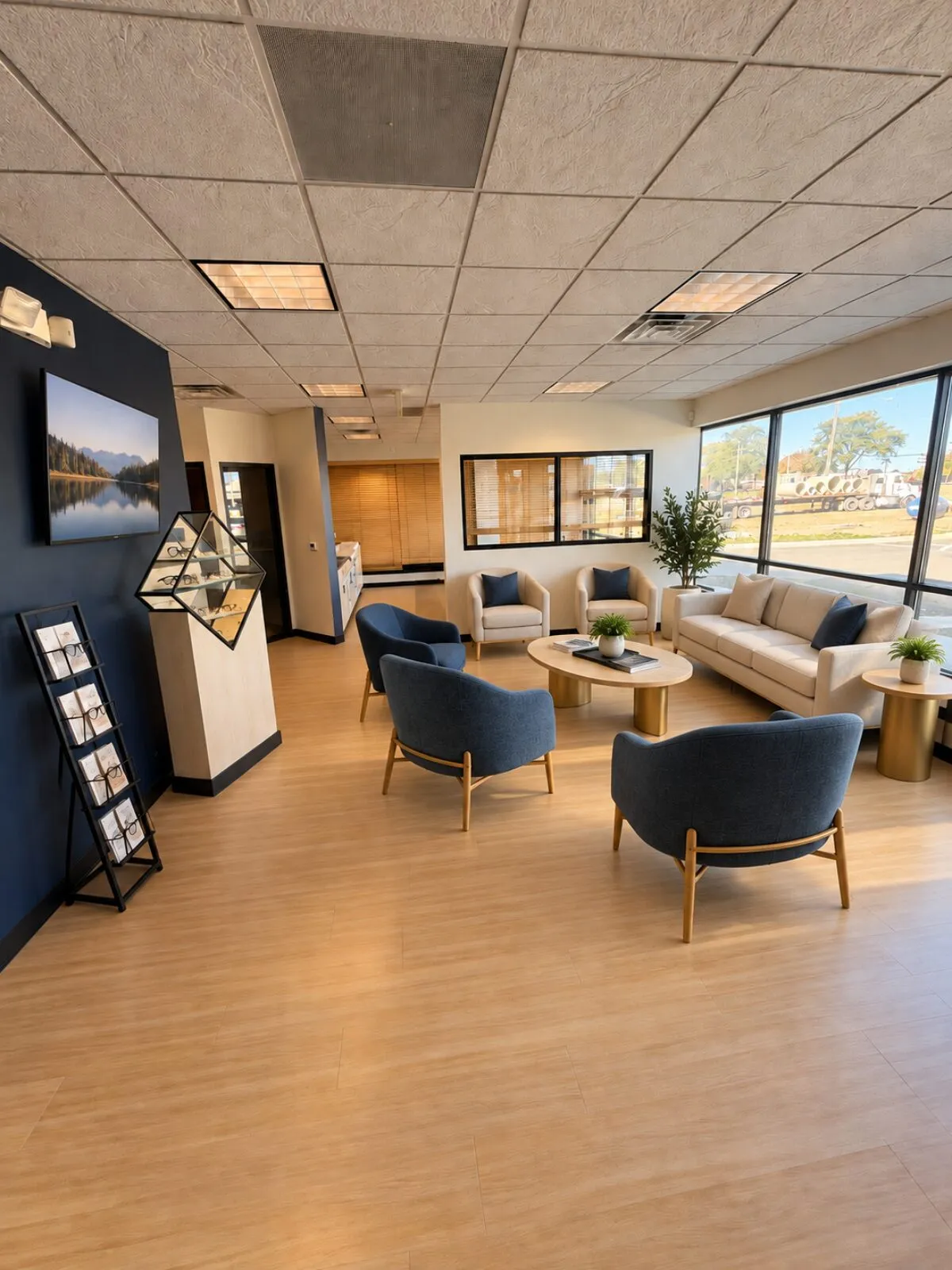 The fitting lounge at Lens Society, with frame displays along the wall